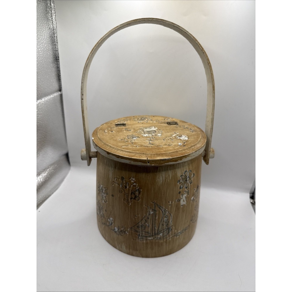 Antique Vintage  WOODEN FIRKIN SUGAR BUCKET Painted  Swing Handle & Lid